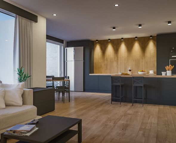 Wohnzimmer mit offener Küche